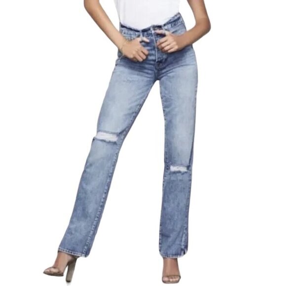 GOOD AMERICAN Good Boy Ripped Straight Leg Wide Release Hem Jeans - Size 0/25 - Picture 1 of 14